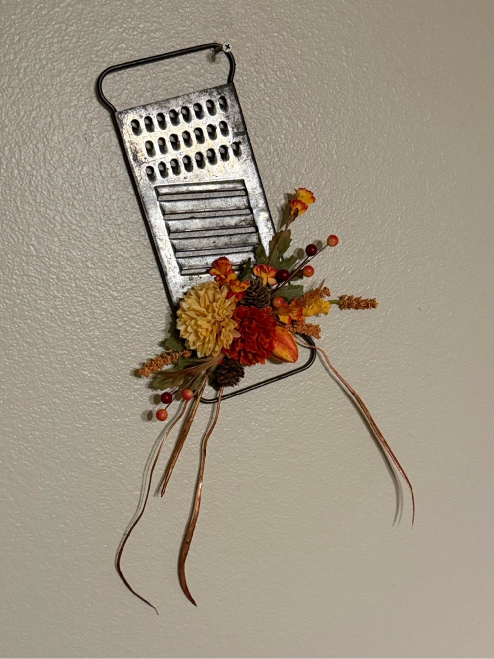 Vintage Rustic Metal Grater Wall Decor with Fall Floral Arrangement
